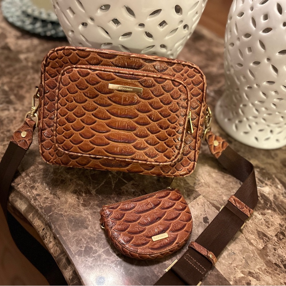 Brahmin Brown Crossbody Bag with Reptile Texture